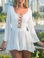 Shein White Cut Out Lattice Ruffle Hem Romper
