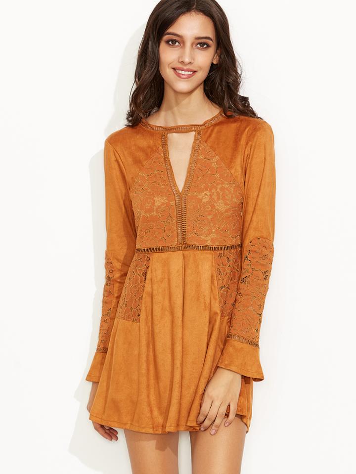 Shein Faux Suede Crochet Insert Cutout Keyhole Back Dress