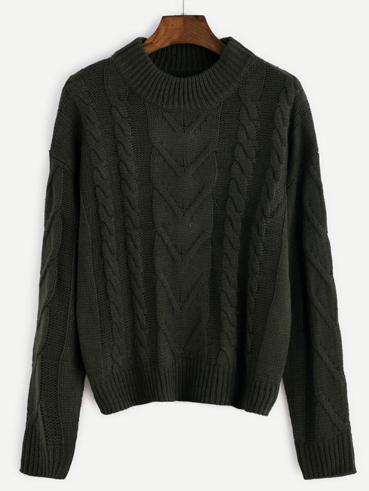 Shein Army Green Drop Shoulder Cable Knit Sweater