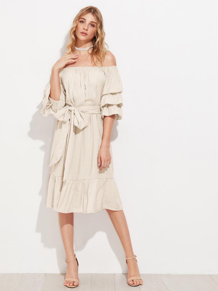 Shein Ruched Sleeve Tie Waist Bardot Dress