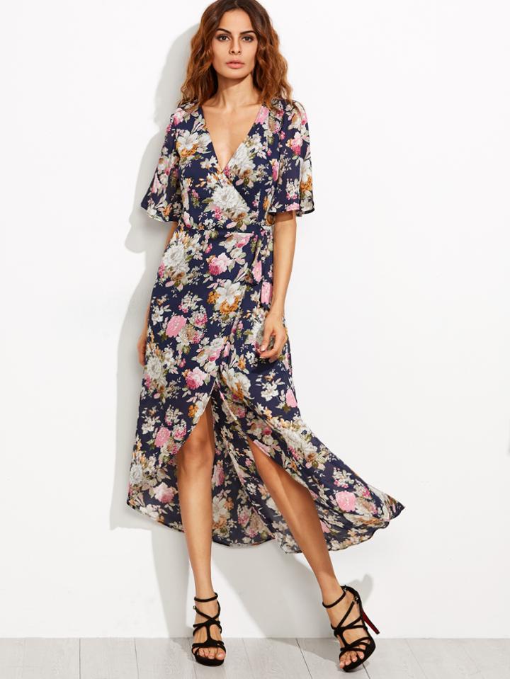Shein Navy Flower Print High Low Surplice Wrap Dress