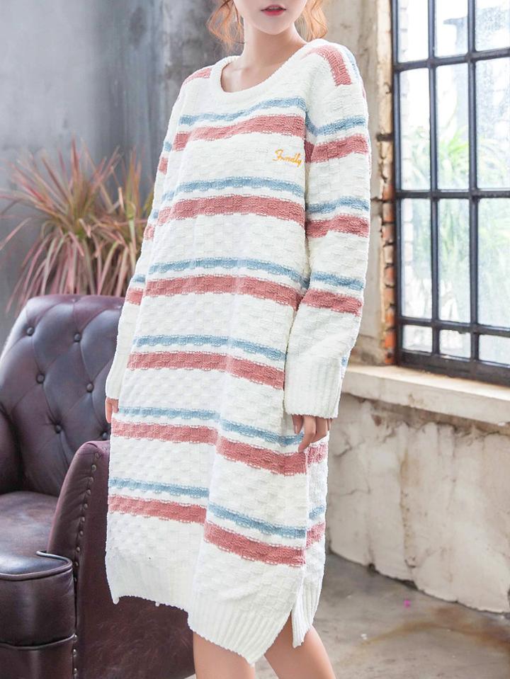 Shein Letter Embroidered Striped Split Side Dress