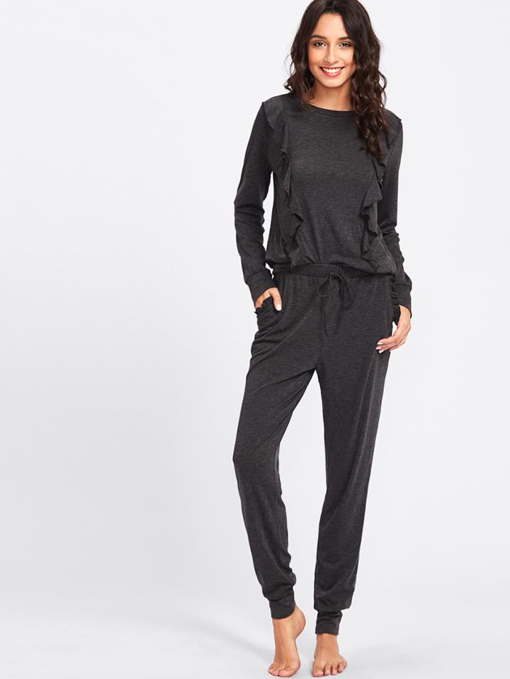 Shein Flounce Embellished Sweatshirt & Sweatpants Set