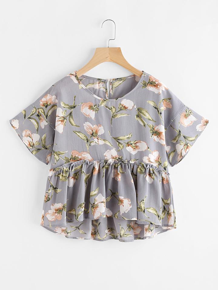 Shein Florals Keyhole Back Frill Hem Babydoll Blouse