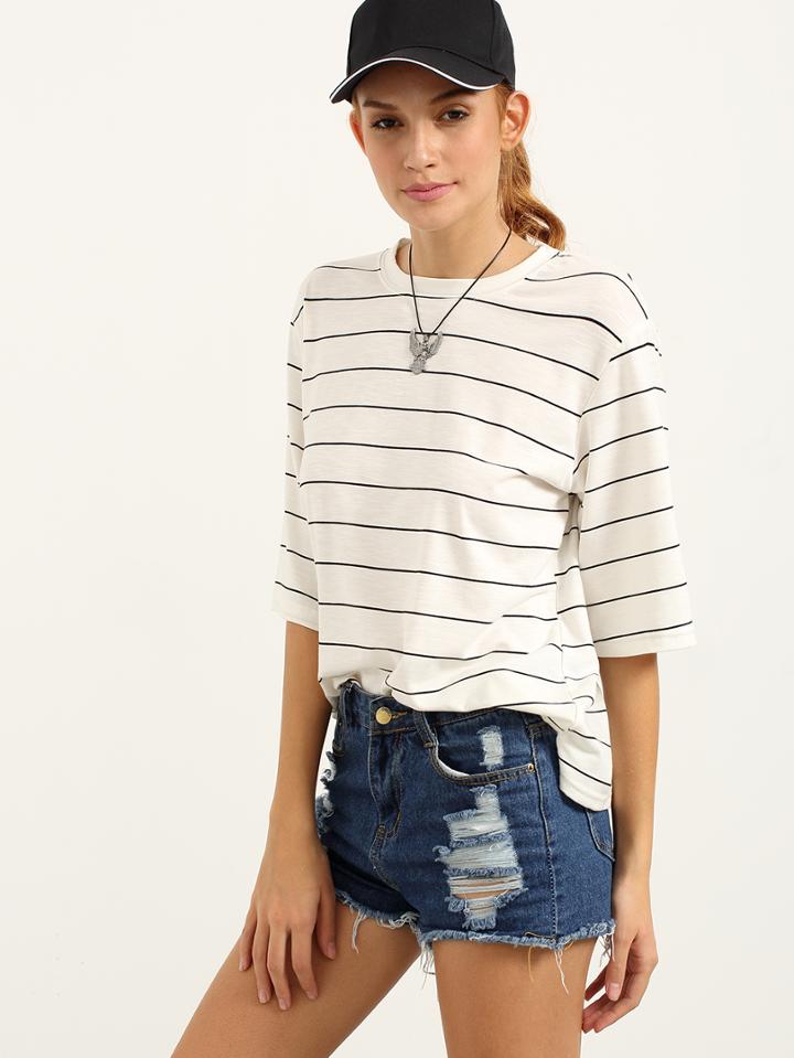 Shein Striped Loose-fit T-shirt - White
