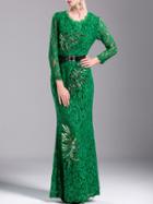 Shein Green Leaves Sequined Bowknot Lace Maxi Dress