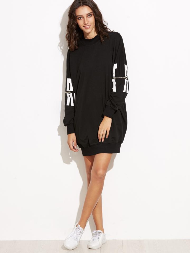 Shein Letter Print Drop Shoulder Sweatshirt Dress With Zip Detail