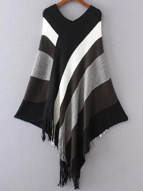 Shein Color Block Double V Neck Fringe Poncho Sweater