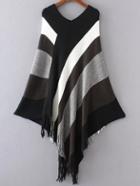 Shein Color Block Double V Neck Fringe Poncho Sweater