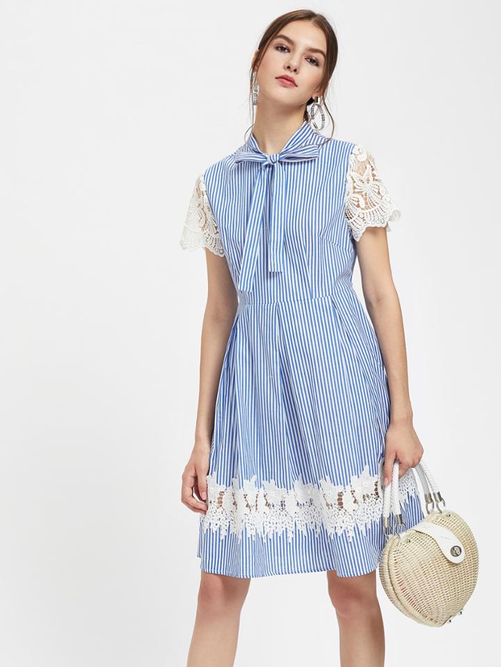 Shein Lace Detail Bow Tie Neck Box Pleated Dress