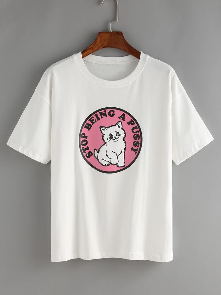 Shein White Cat Print T-shirt