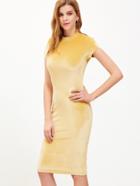 Shein Gold Mock Neck Short Sleeve Velvet Pencil Dress