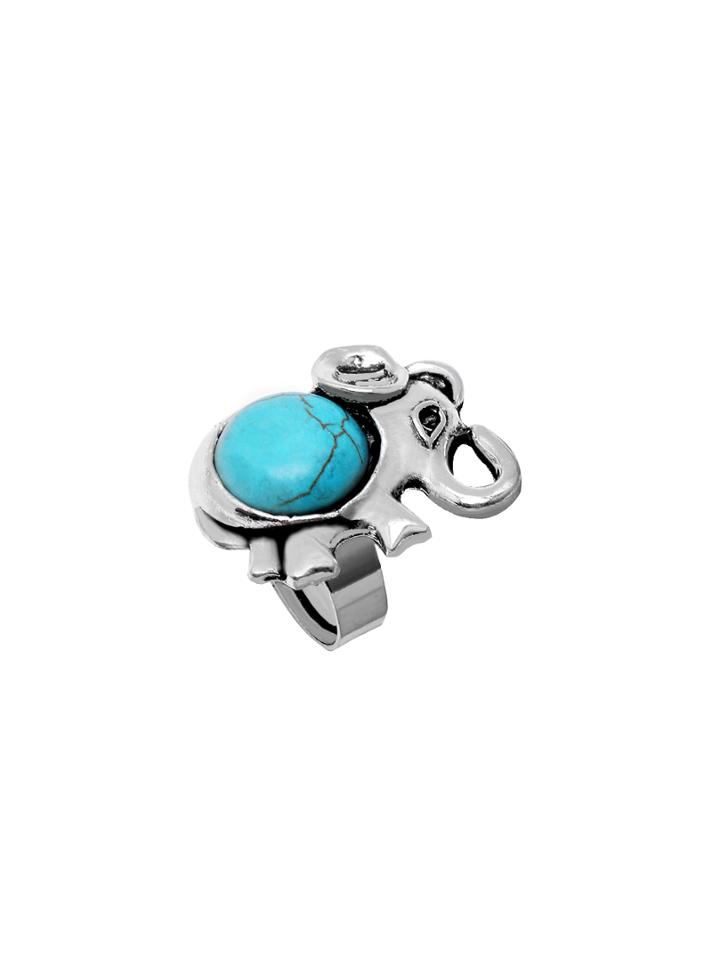 Shein Antique Silver Turquoise Embellished Elephant Shape Ring