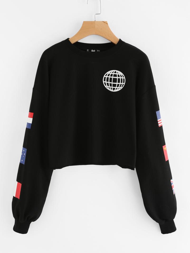 Shein National Flag Print Raw Hem Sweatshirt