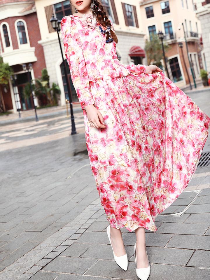 Shein Pink Flowers Applique Peplum Print Dress