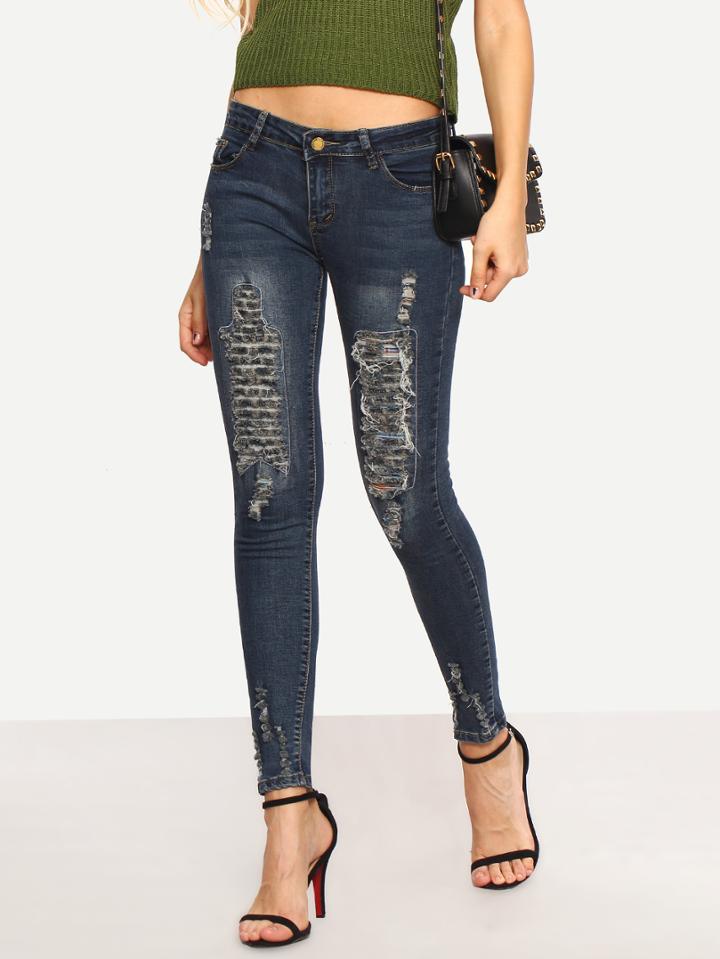 Shein Distressed Dark Blue Skinny Jeans