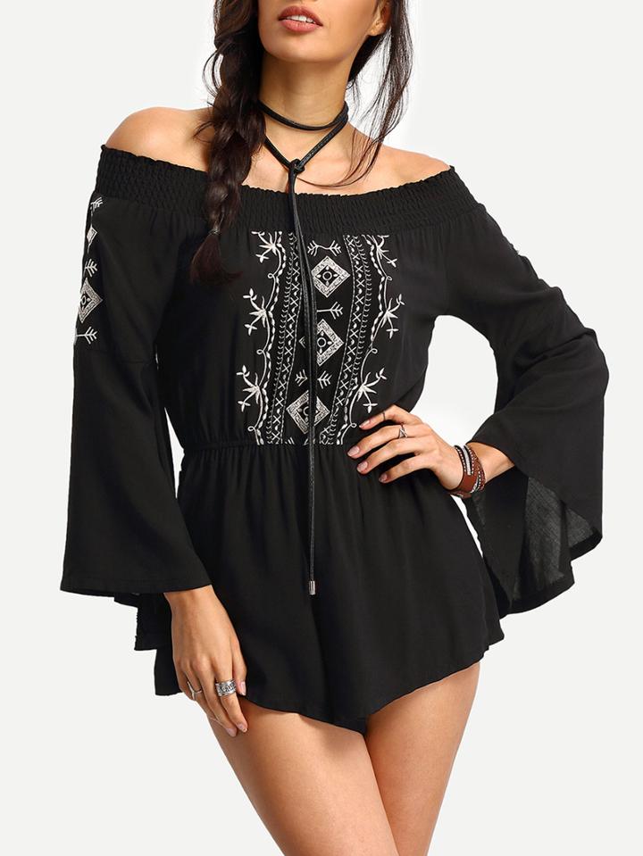 Shein Black Embroidered Off-the-shoulder Bell Sleeve Romper
