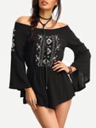 Shein Black Embroidered Off-the-shoulder Bell Sleeve Romper