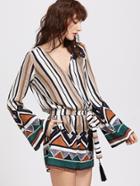Shein Multicolor Striped Tribal Print Tassel Tie Waist Romper