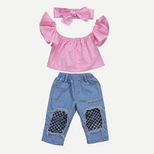 Shein Toddler Girls Solid Off Shoulder Top & Jeans & Headband