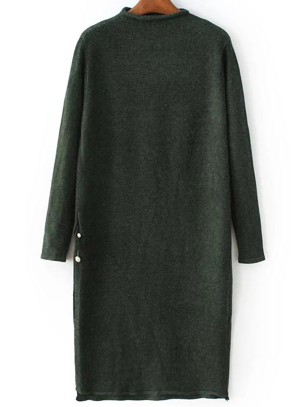 Shein Dark Green Mock Neck Side Slit Knit Dress