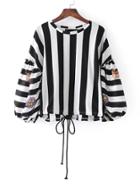 Shein Block Striped Lantern Sleeve Drawstring Blouse