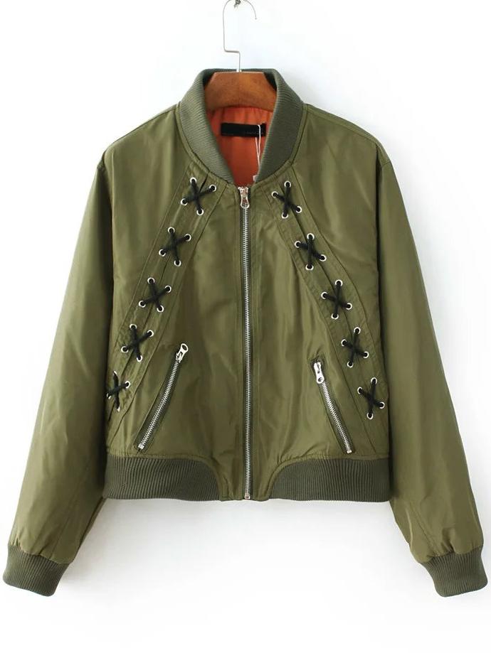Shein Army Green Lace Up Design Zipper Jacket