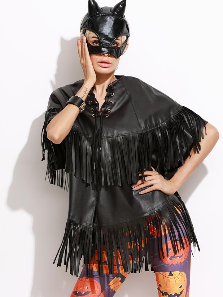 Shein Black Lace Up Neck Fringe Pu Cape Coat