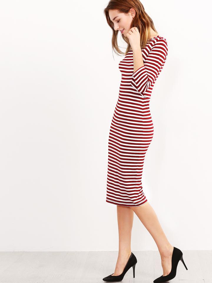 Shein Two Tone Elbow Sleeve Striped Dress