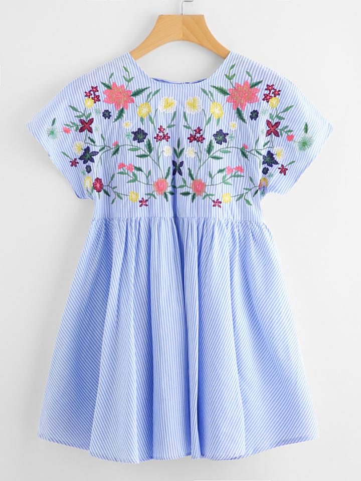 Shein Lace Up Back Striped Embroidery Smock Dress