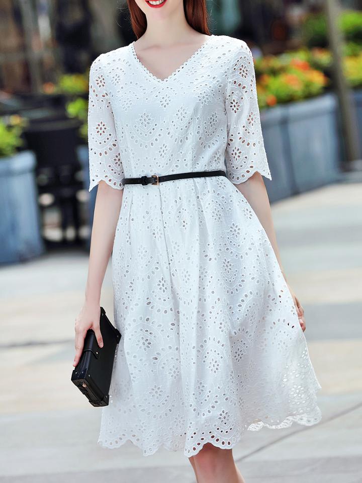 Shein White V Neck Hollow Belted A-line Dress