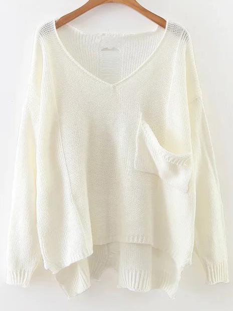 Shein White V Neck Ripped High Low Knitwear With Pocket