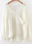 Shein White V Neck Ripped High Low Knitwear With Pocket