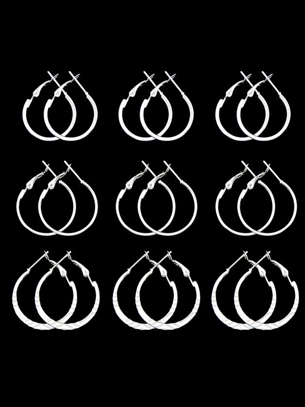 Shein Silver 9 Pairs/set Minimalist Jewelry Geometric Circle Statement Hoop Earrings
