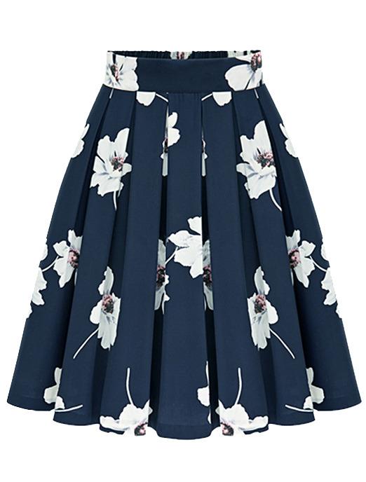 Shein Flowers Print Chiffon Pleated Navy Skirt