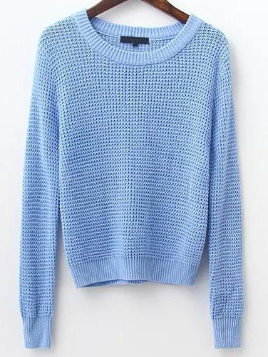 Shein Blue Waffle Knit Ribbed Trim Sweater