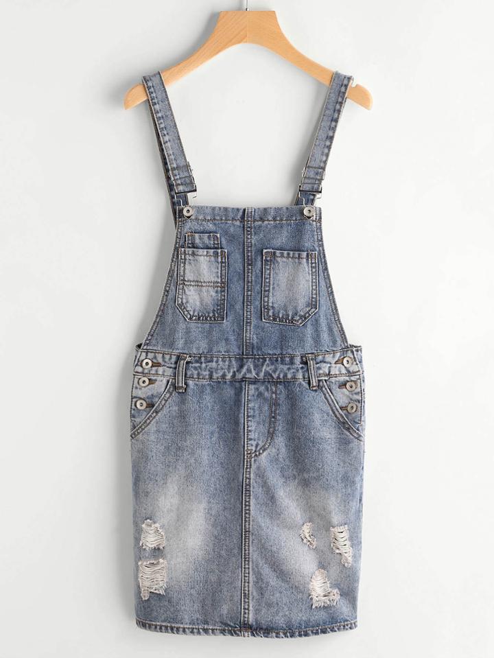 Shein Ripped Denim Overall Dress With Pockets