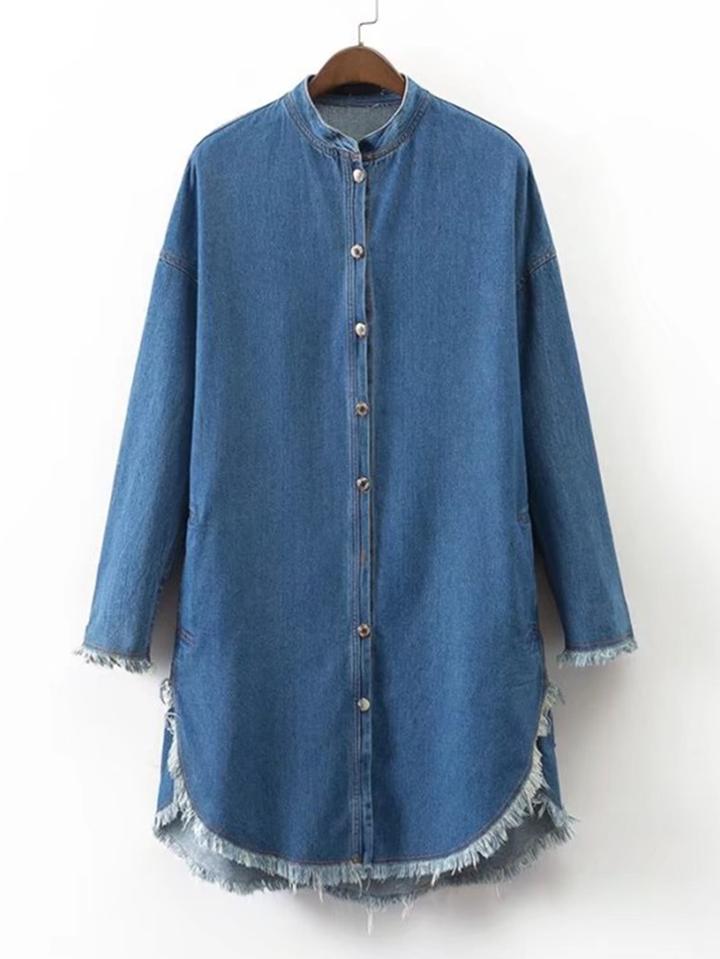 Shein Frayed Trim Dolphin Hem Denim Dress