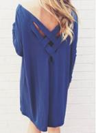 Rosewe Long Sleeve V Back Navy Blue Mini Dress