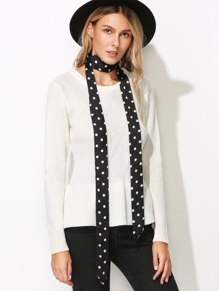Shein Black And White Polka Dot Satin Skinny Scarf