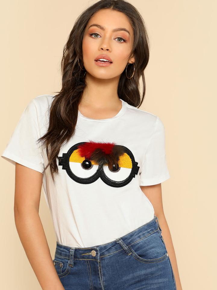 Shein Faux Fur Cartoon Applique T-shirt