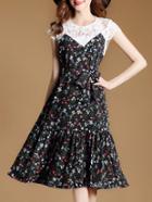 Shein Floral Contrast Lace Pleated Dress
