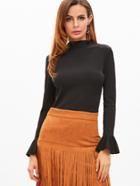 Shein Black Mock Neck Bell Sleeve Ribbed T-shirt