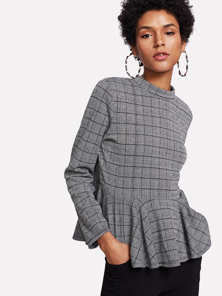 Shein Zip Back Houndstooth Peplum Top