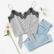 Shein Lace Insert Knot Front Striped Cami Top