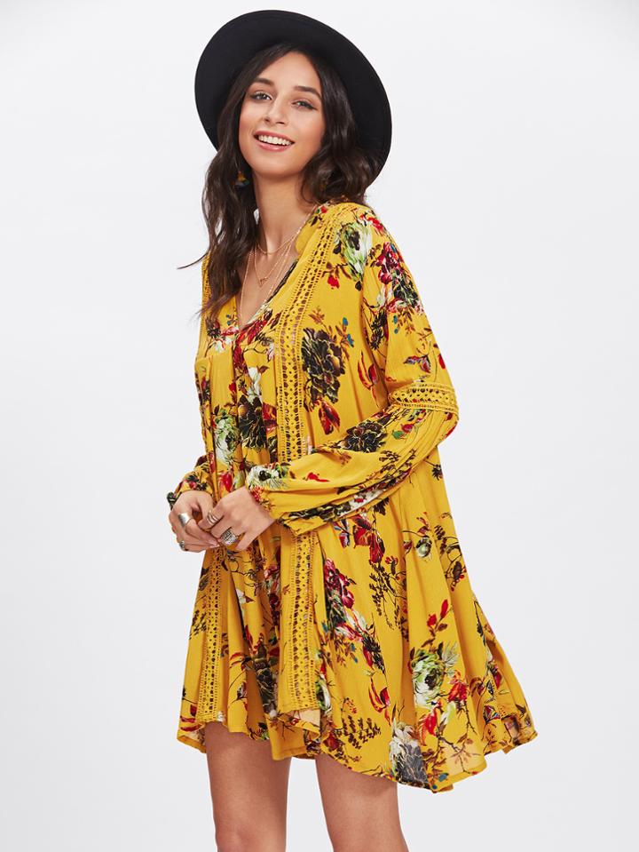Shein Floral Print Hollow Panel Dress