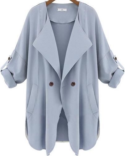 Shein Blue Long Sleeve Pockets Trench Coat