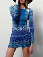 Shein Blue Long Sleeve Vintage Print Bodycon Dress