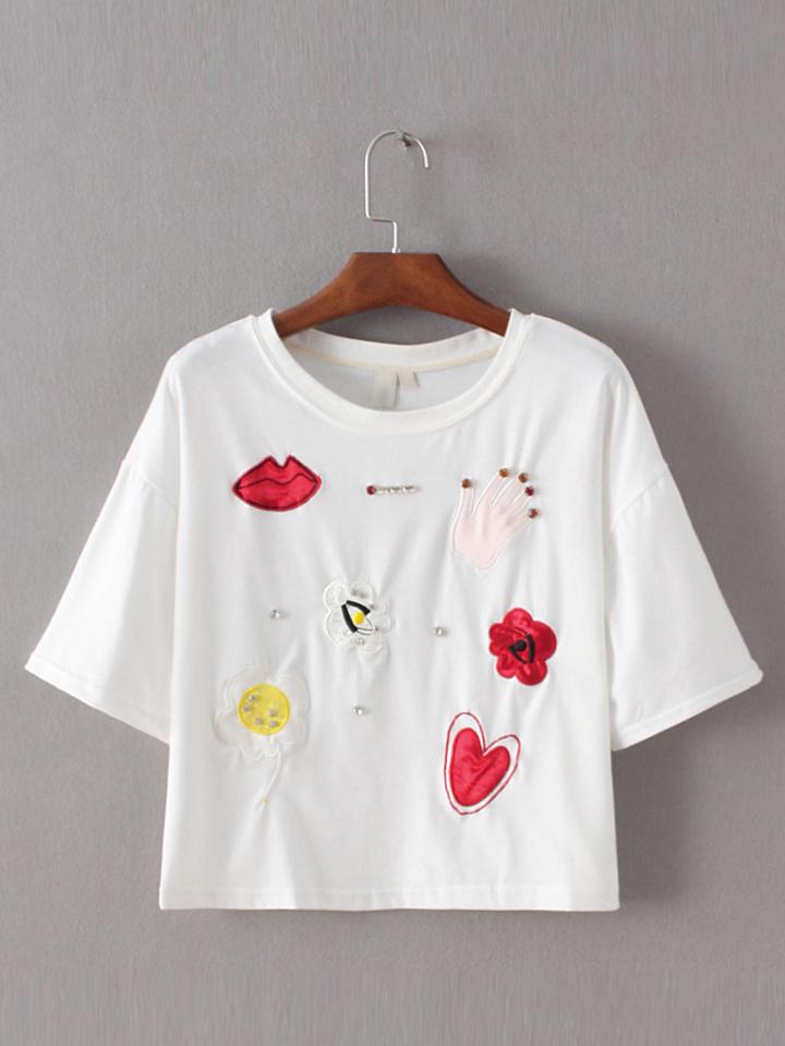 Shein White Embroidery Diamond Ornament T-shirt