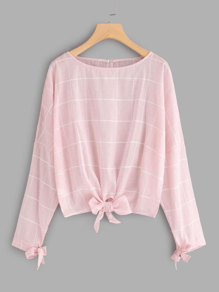 Shein Knotted Detail Grid Print Dolman Blouse